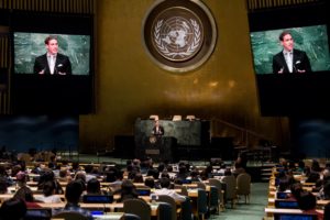 Delivering a speech at the United Nations
